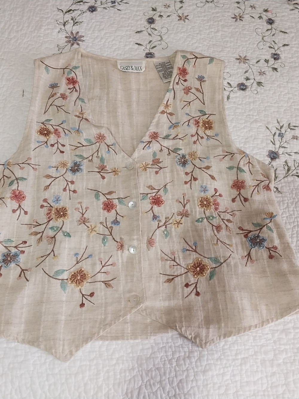 Vintage Casey & Max Cream  Embroidered Linen-Blend Vest Top Size L Boho Cottagec